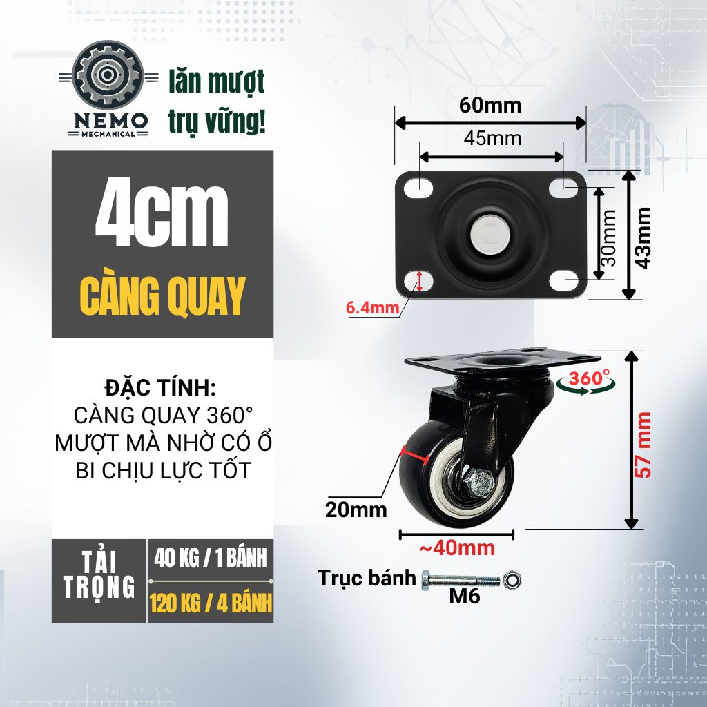 Bánh Xe Đẩy Hàng Đen Trắng – Chịu Tải Tốt, Khung Thép Sơn Tĩnh Điện